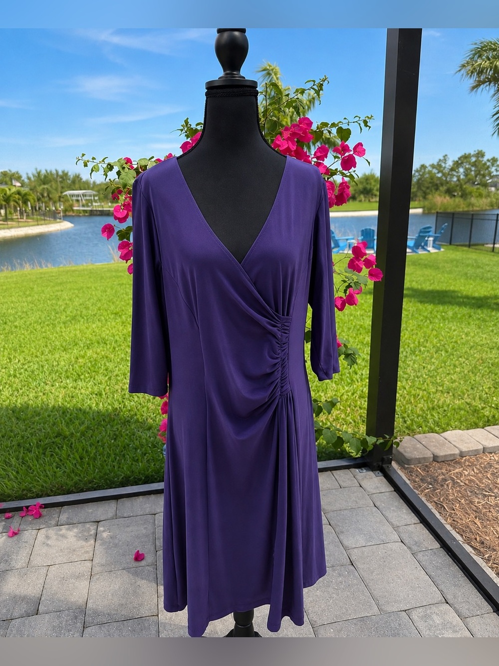 EUC Coldwater Creek Deep Purple Ruched Wrap-Style 3/4 Sleeve Dress, Size PL14-16
